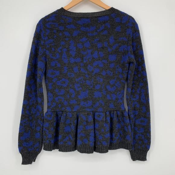 Sea New York Blue Leopard Print Peplum Ruffle Balloon Sleeve Alpaca Sweater - Picture 5 of 9